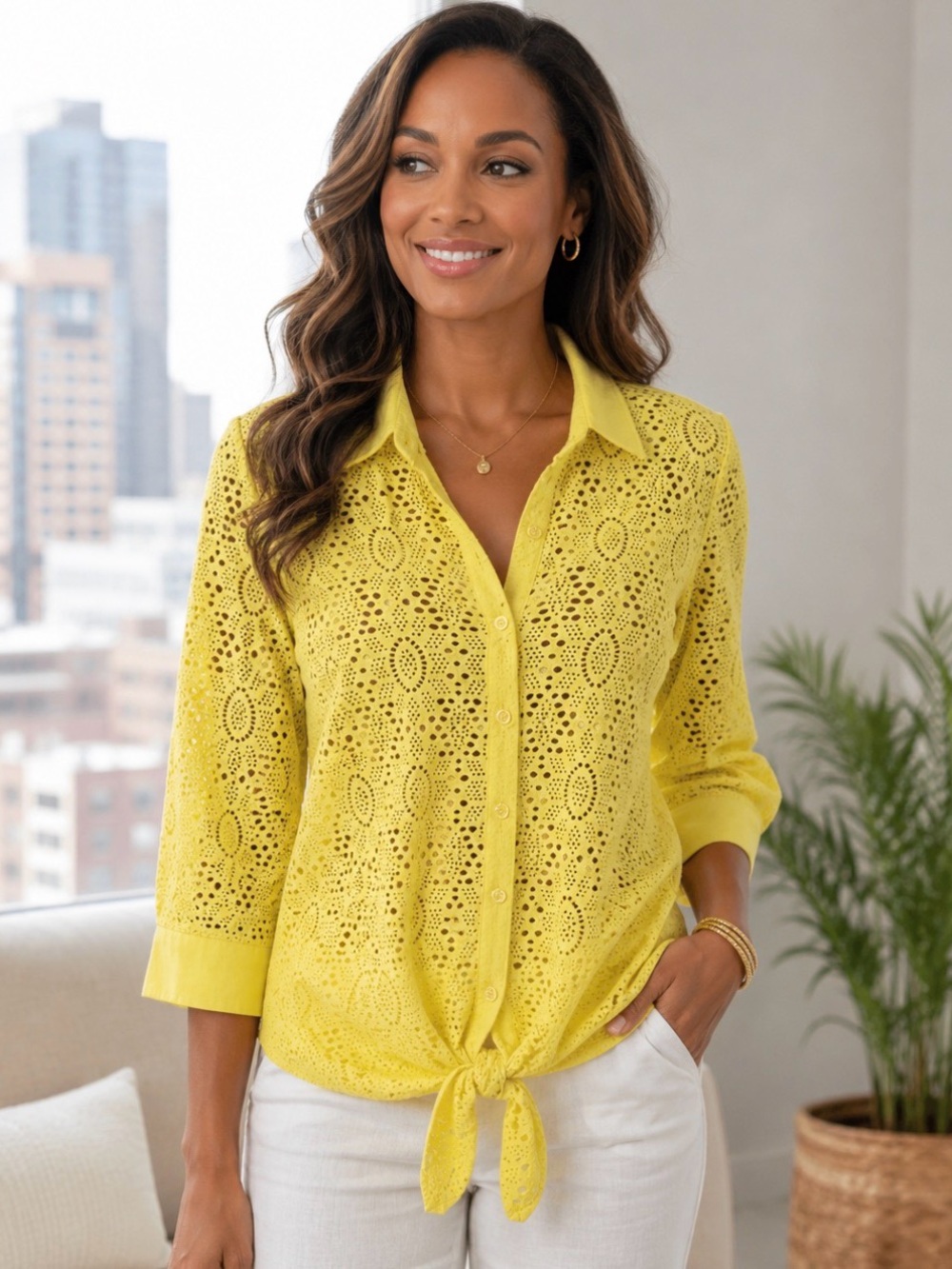 Yellow Lace Button-Up Top Retro Chic City